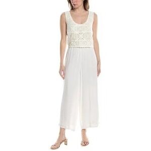 Three Dots White Gauze Sleeveless Jumpsuit Crochet Overlay Women's Size Medium